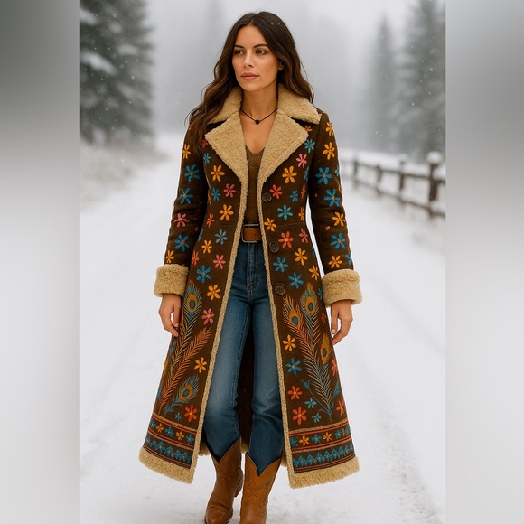 Boho Embroidered Faux Shearling Long Coat- Dark Brown Sz L (Fits like XL or XXL) - Picture 4 of 15